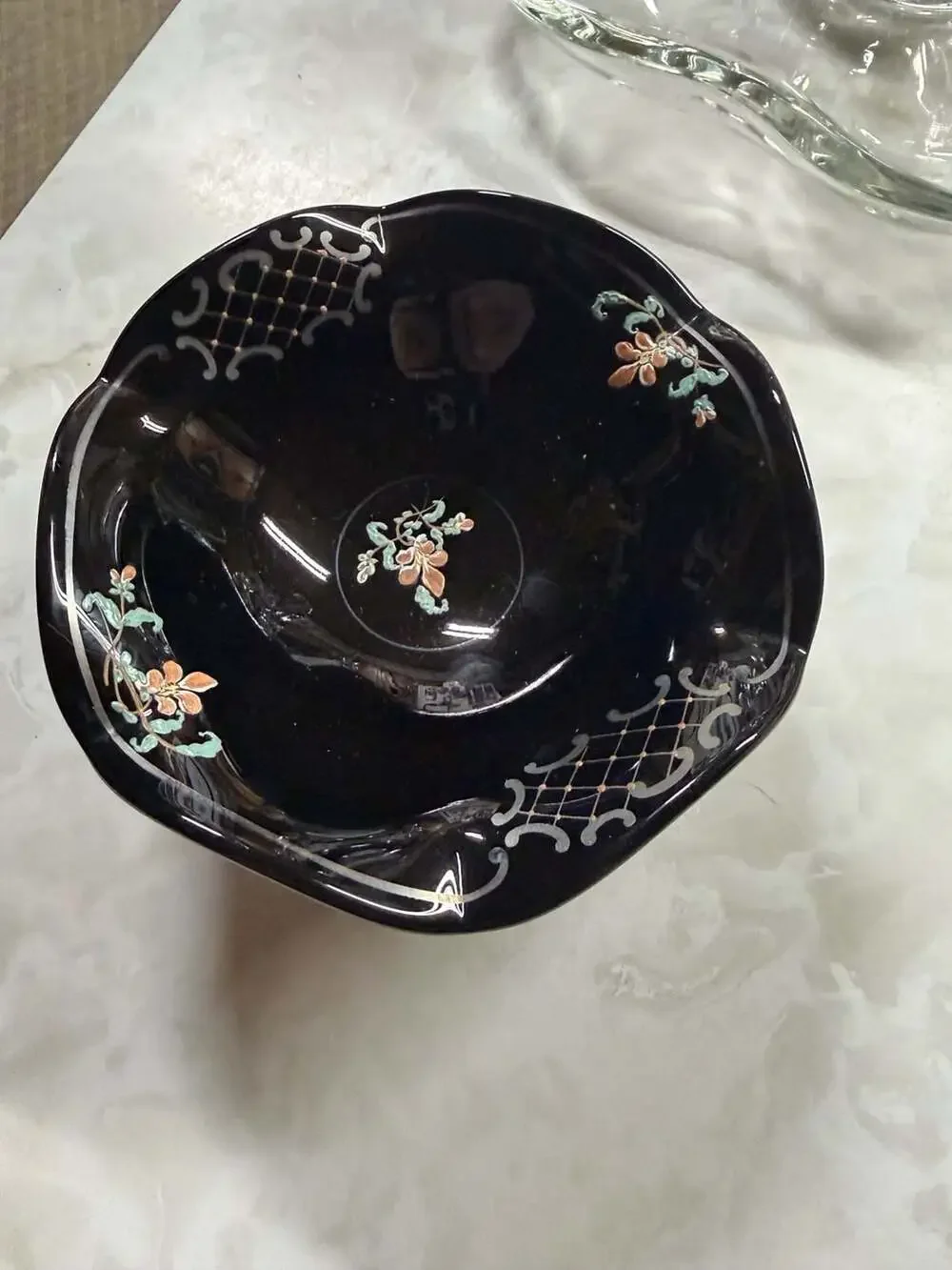Vintage Japanese Black Porcelain Scalloped Footed Bowl with Hand-Painted Floral